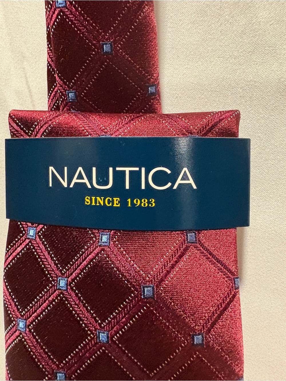 Nautica Silk Tie Men’s Burgundy Red Blue Geometric Diamond New NWT
